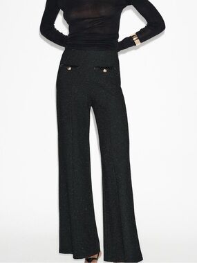 Zara NWT Black gold metallic thread Wide-Leg gold button Pants